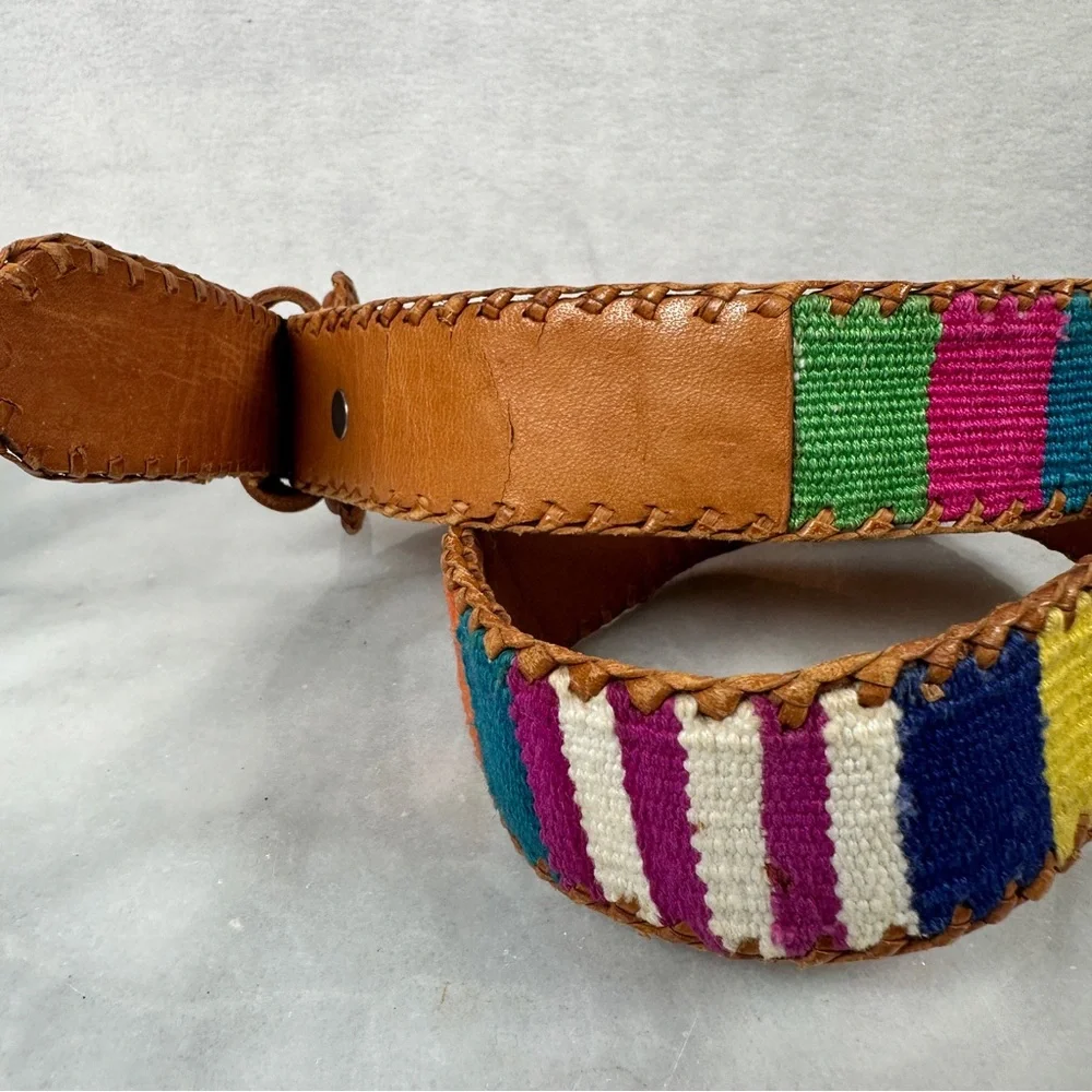 Brown Leather Belt Multicolor Woven Design‎ Guatemalan boho bohemian western